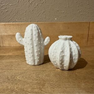 New White Ceramic Textured Cactus Salt and Pepper Shakers